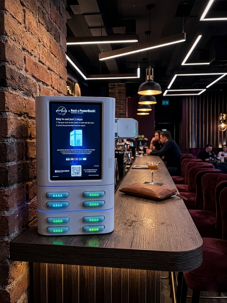 Portable charger rental station inside Las Vegas cocktail bar